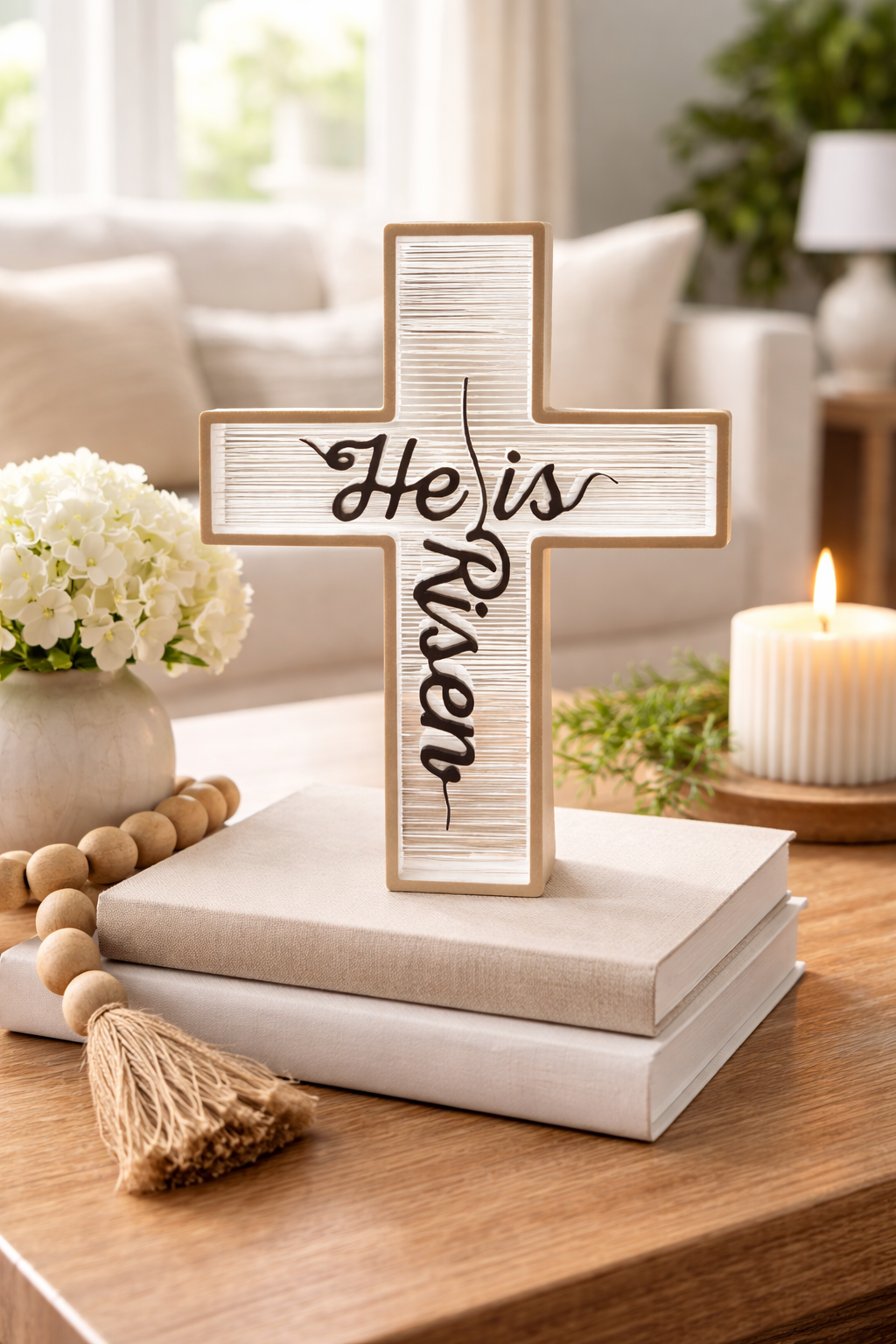 He Is Risen Cross Decor – Black and White Christian Gift (6x4 inch Desk and Shelf Cross)