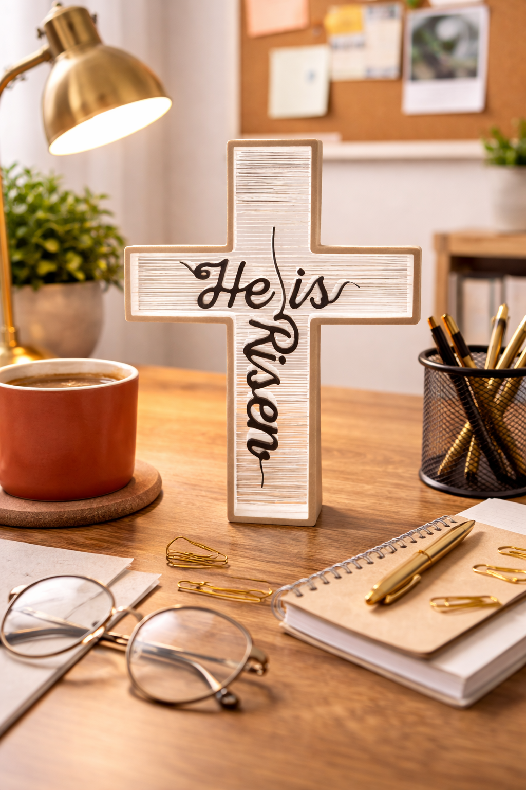 He Is Risen Cross Decor – Black and White Christian Gift (6x4 inch Desk and Shelf Cross)