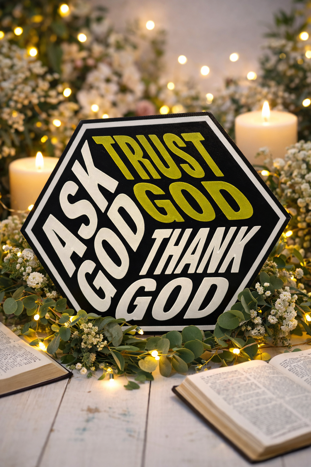 Ask God Trust God Thank God Sign – Christian Wall Decor, Hexagon Bible Verse Plaque, Modern Scripture Sign for Home or Office, Faith Gift