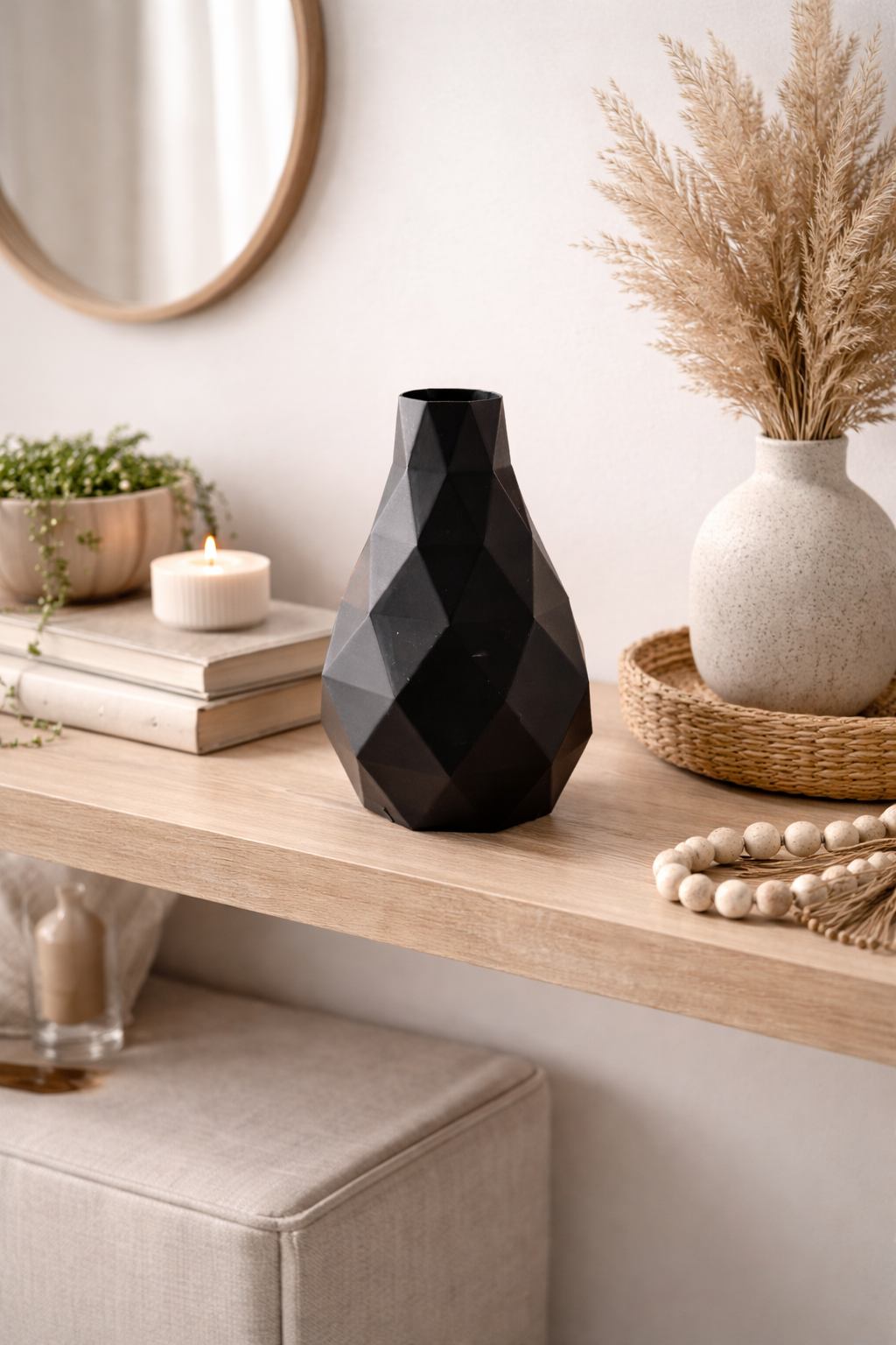 Modern Geometric Black Vase – Minimalist Decorative Table Vase | Matte Faceted Home Décor Accent