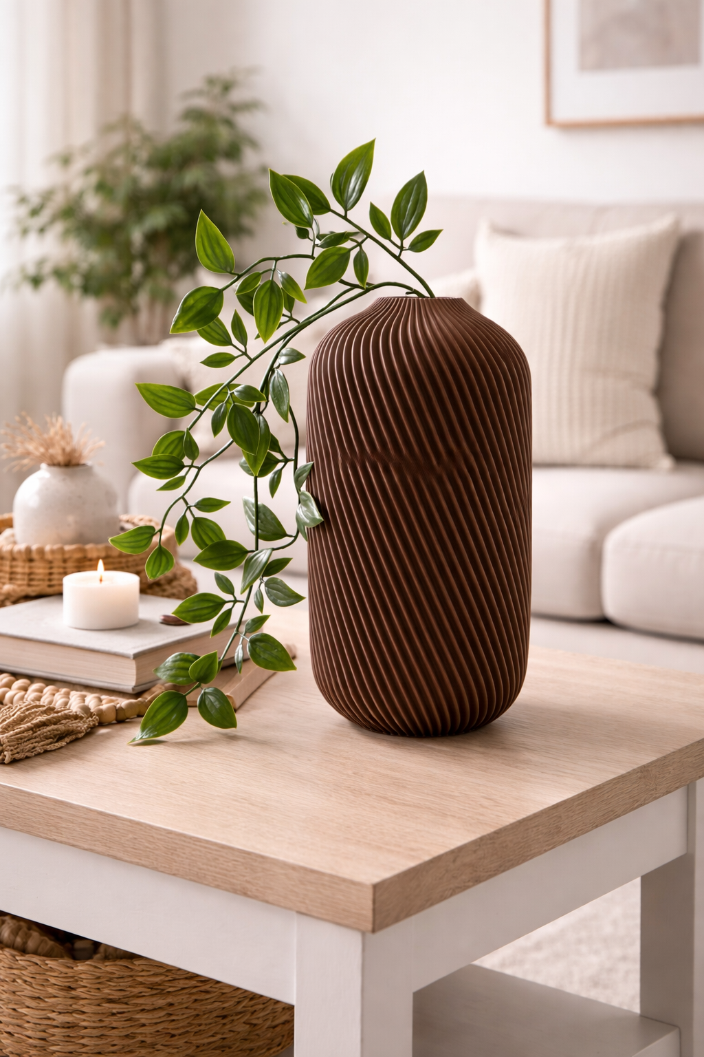 Modern Ribbed Brown Vase – Minimalist Textured Decorative Vase | Contemporary Home Accent