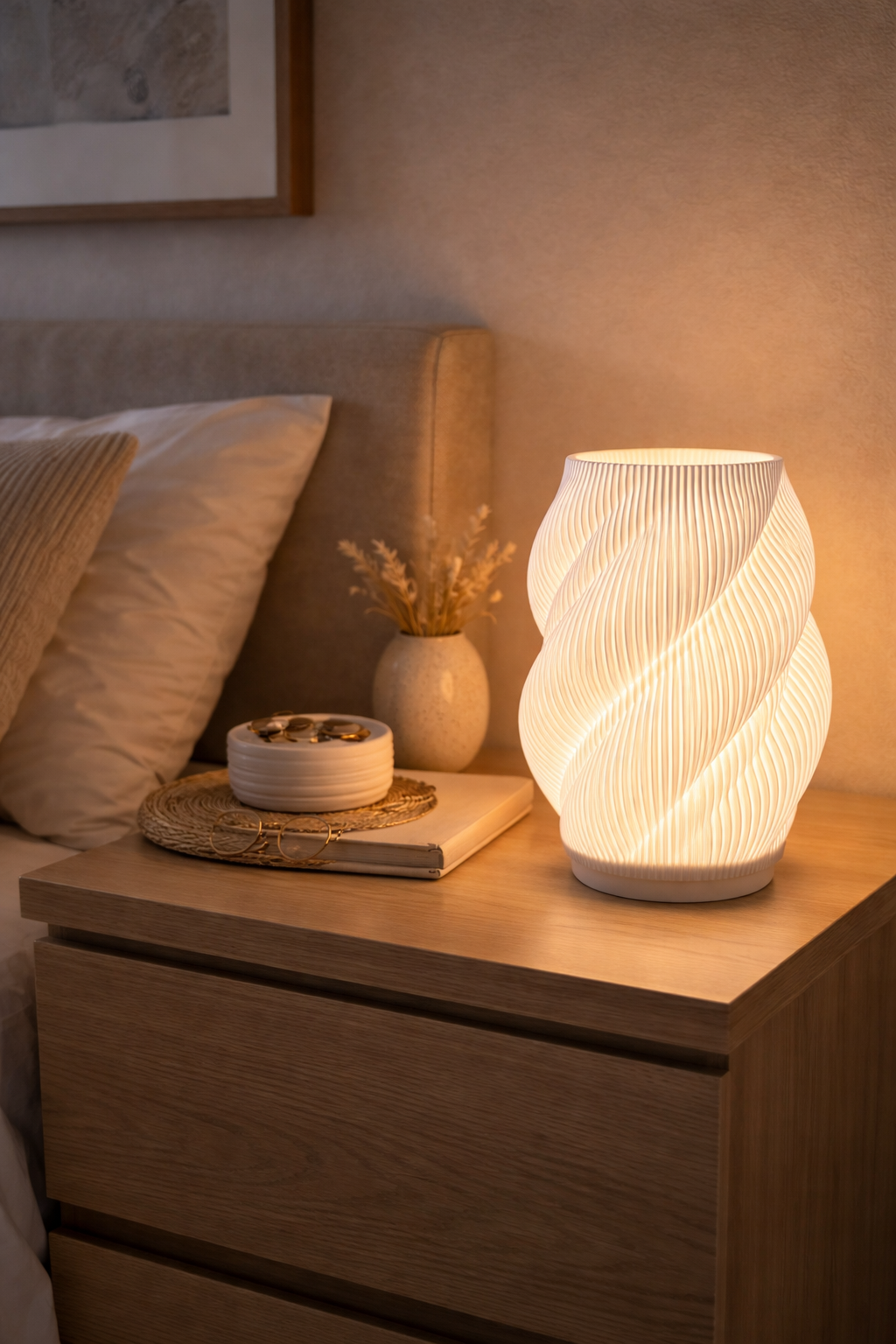 Modern Spiral LED Table Lamp – Minimalist Sculptural Nightstand Light | Warm Ambient Lamp (LED Included)