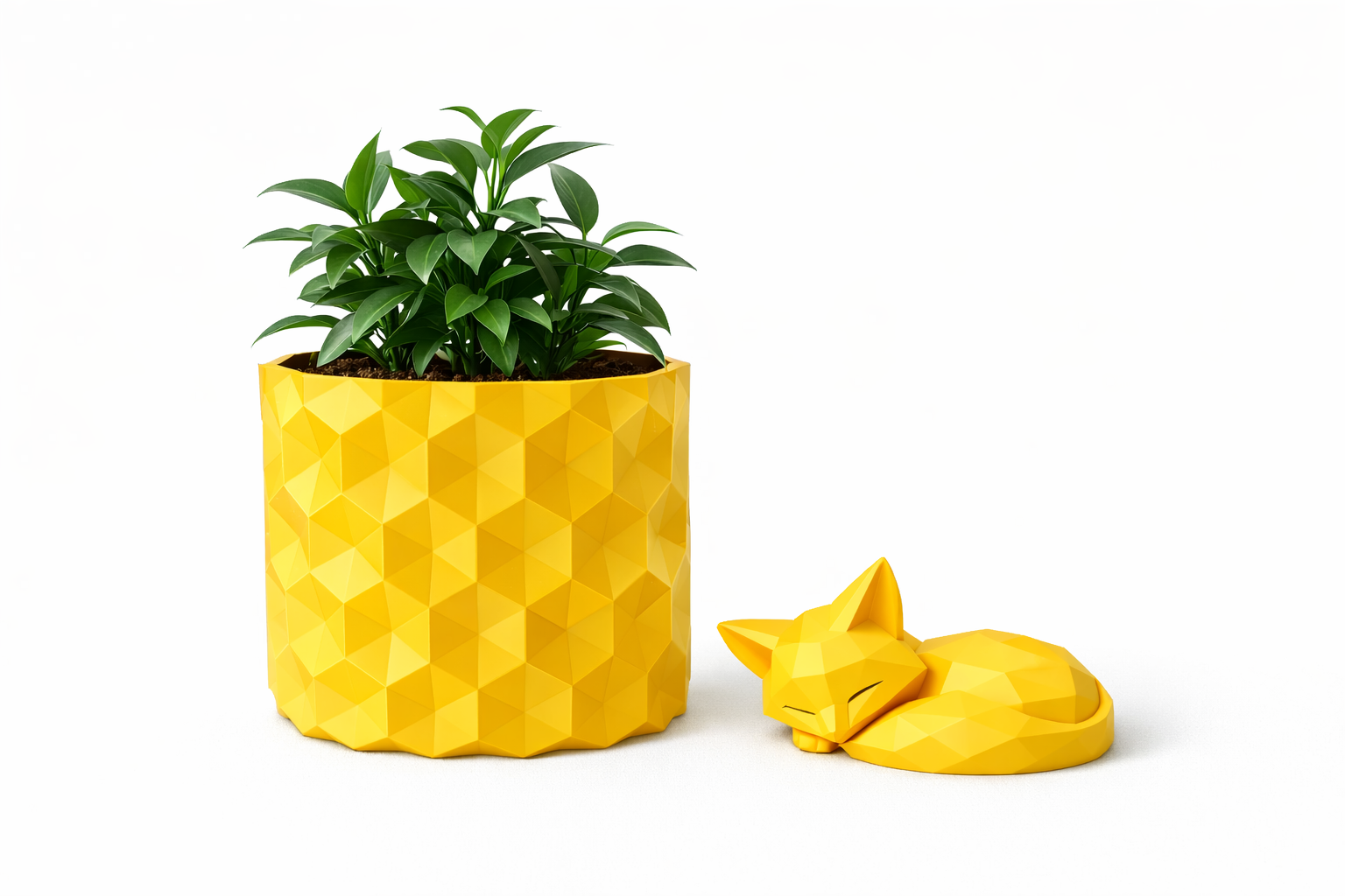 Guardian Fox Harmony Set – Modern Geometric Planter & Sleeping Fox Decor Bundle