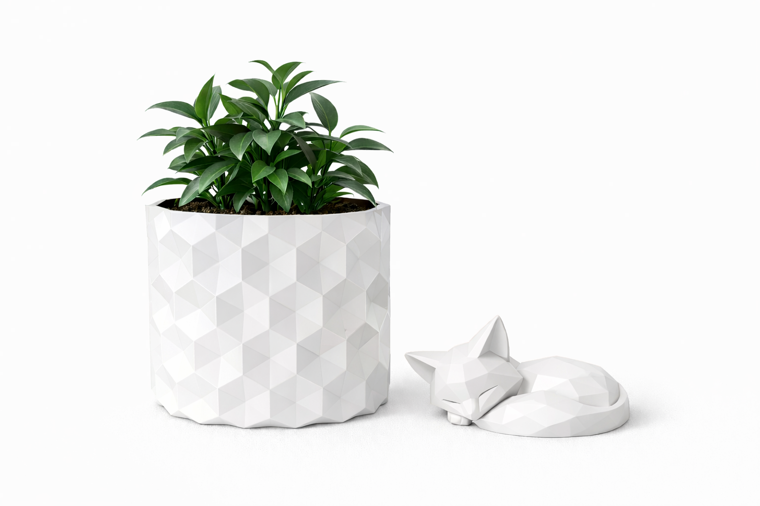 Guardian Fox Harmony Set – Modern Geometric Planter & Sleeping Fox Decor Bundle