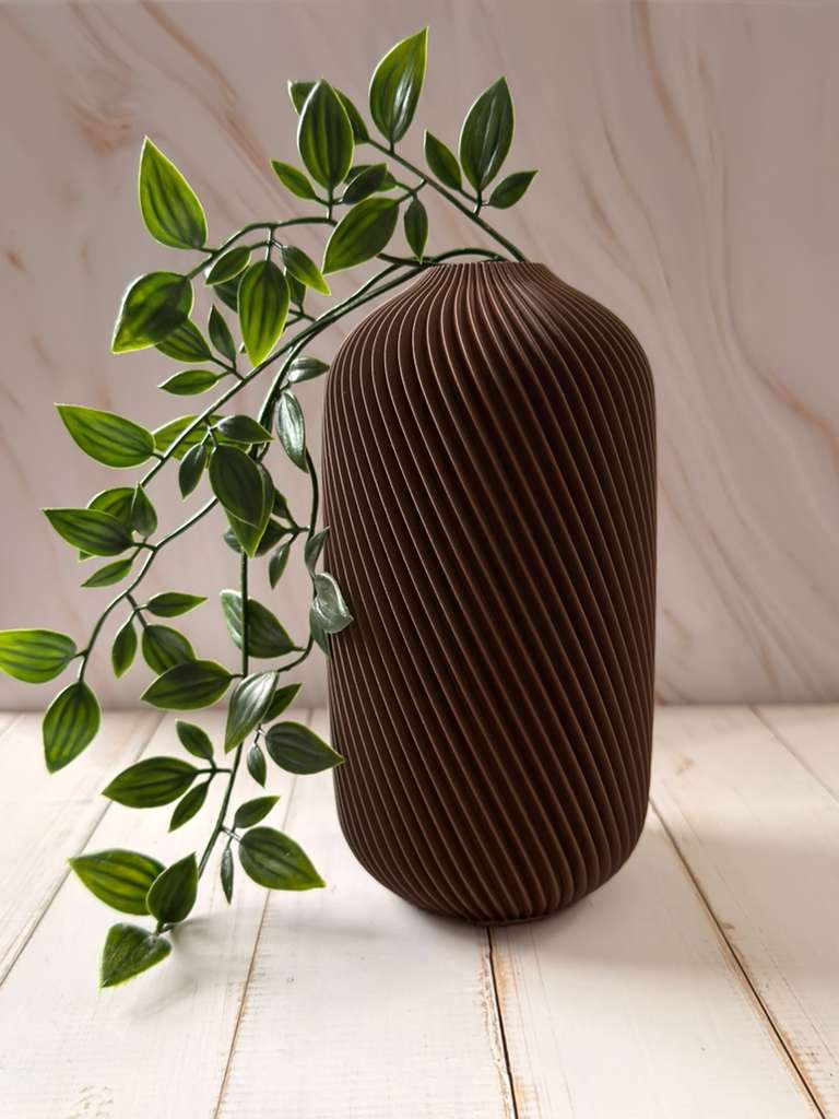 Modern Ribbed Brown Vase – Minimalist Textured Decorative Vase | Contemporary Home Accent