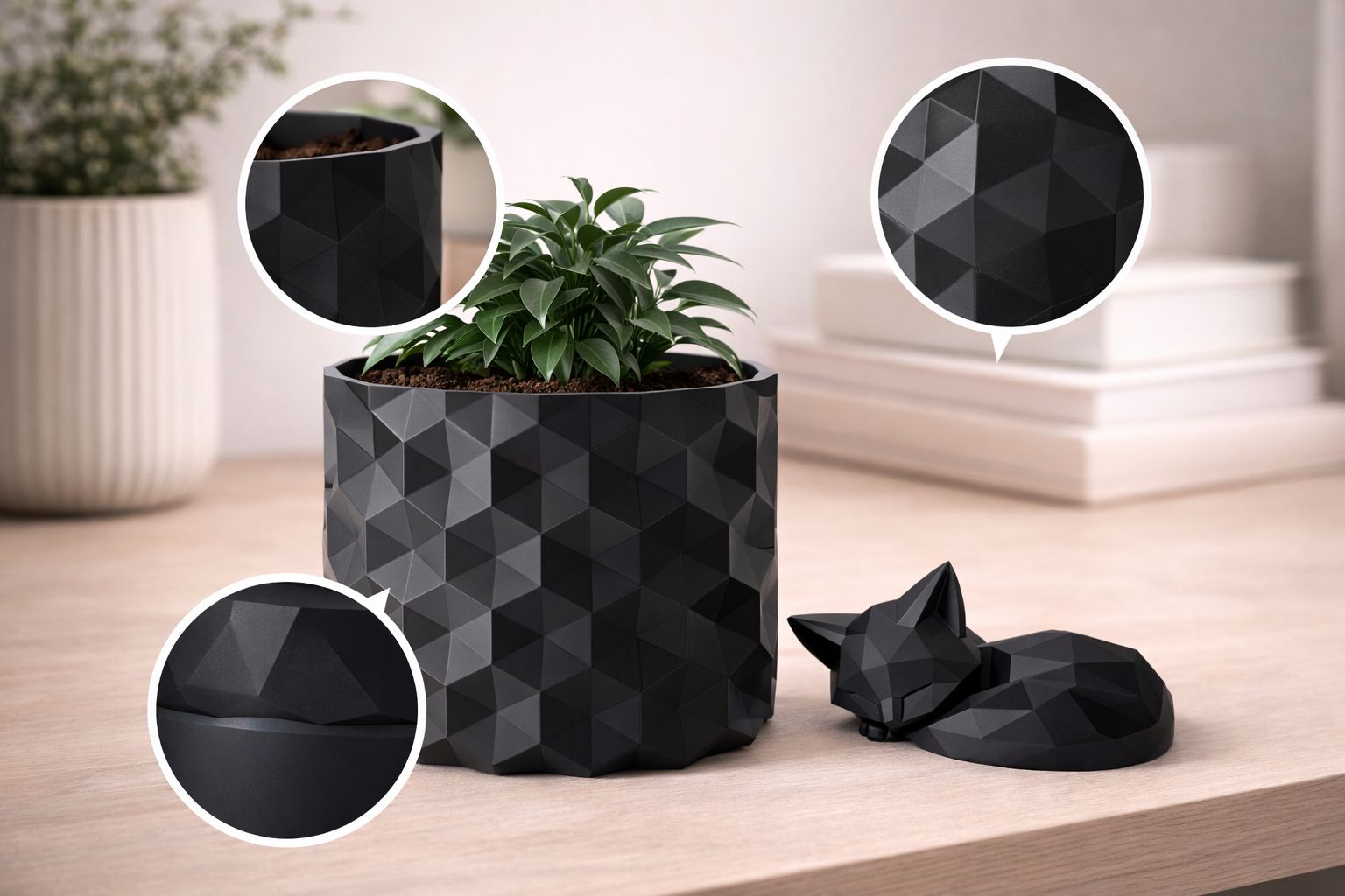 Guardian Fox Harmony Set – Modern Geometric Planter & Sleeping Fox Decor Bundle