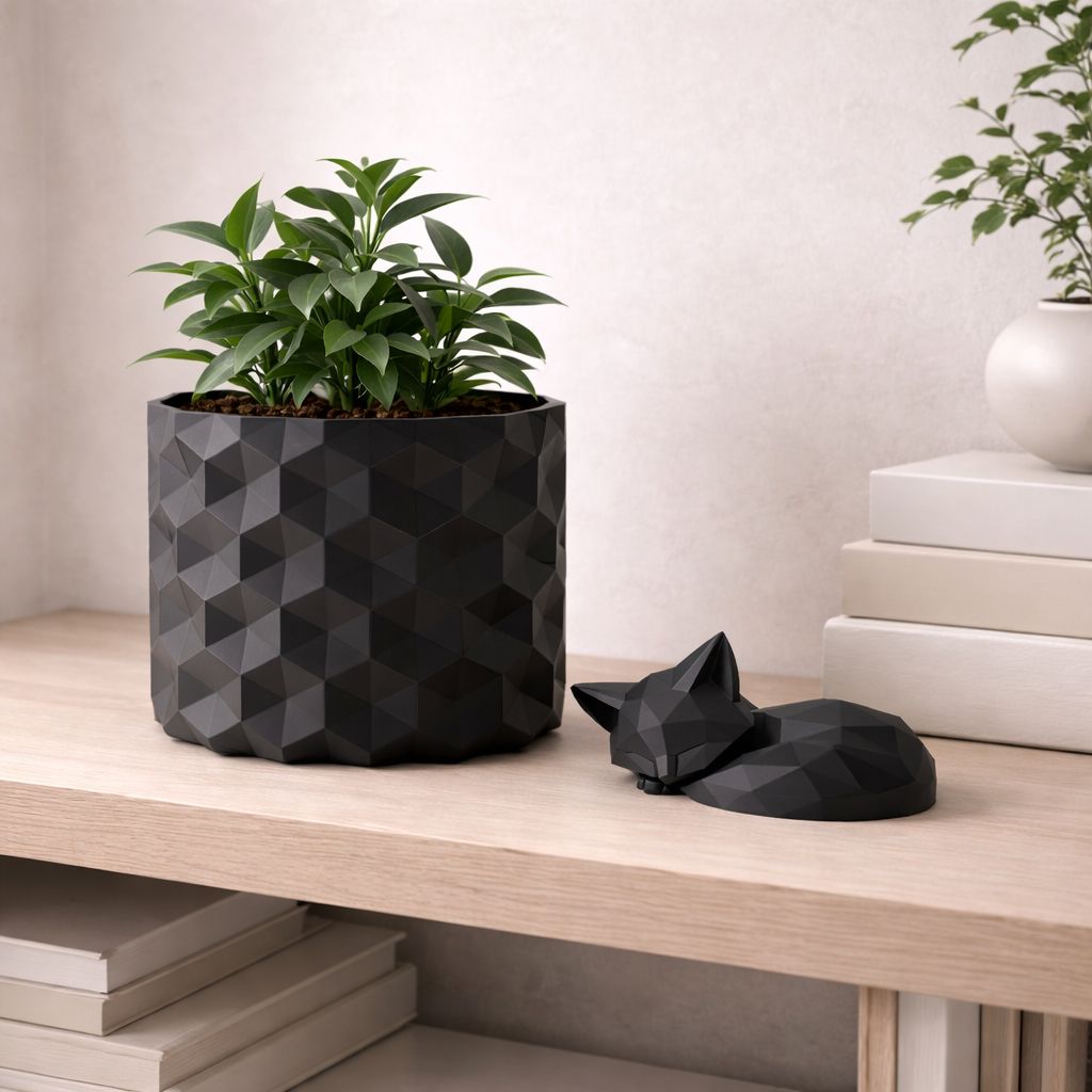 Guardian Fox Harmony Set – Modern Geometric Planter & Sleeping Fox Decor Bundle
