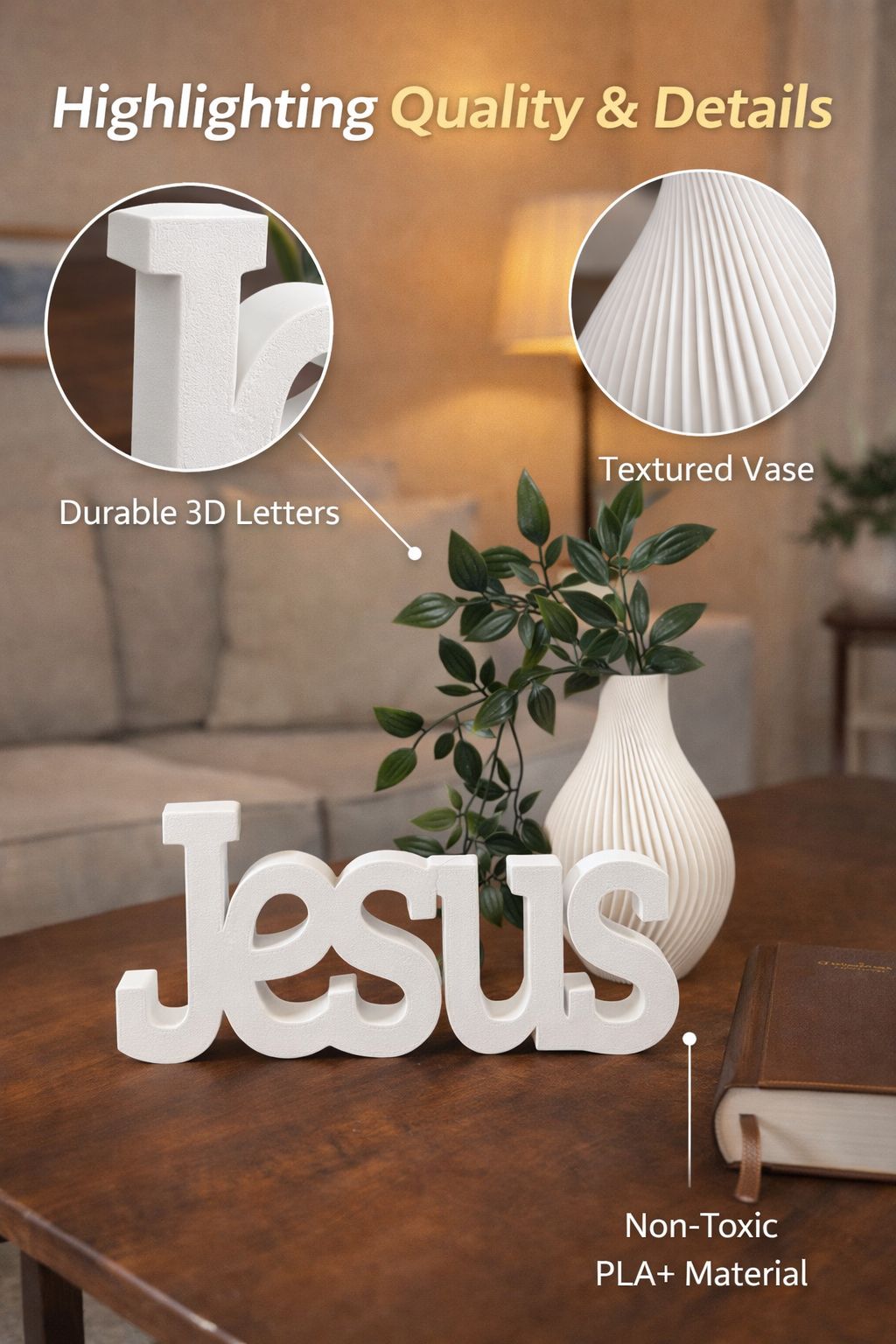 Jesus Grace Decor Set – Faith Inspirational Decorative Sign with Vase & Plant