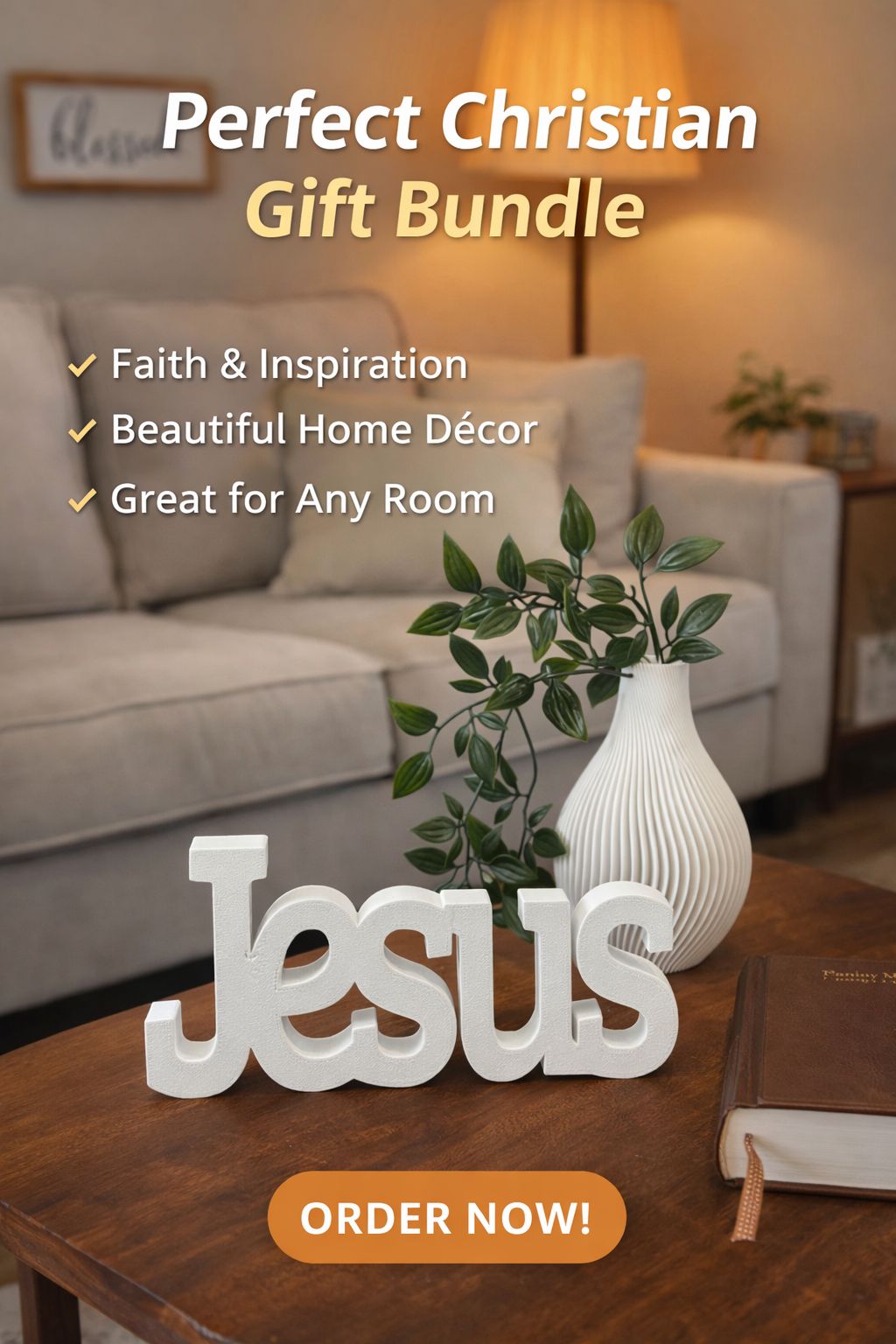 Jesus Grace Decor Set – Faith Inspirational Decorative Sign with Vase & Plant